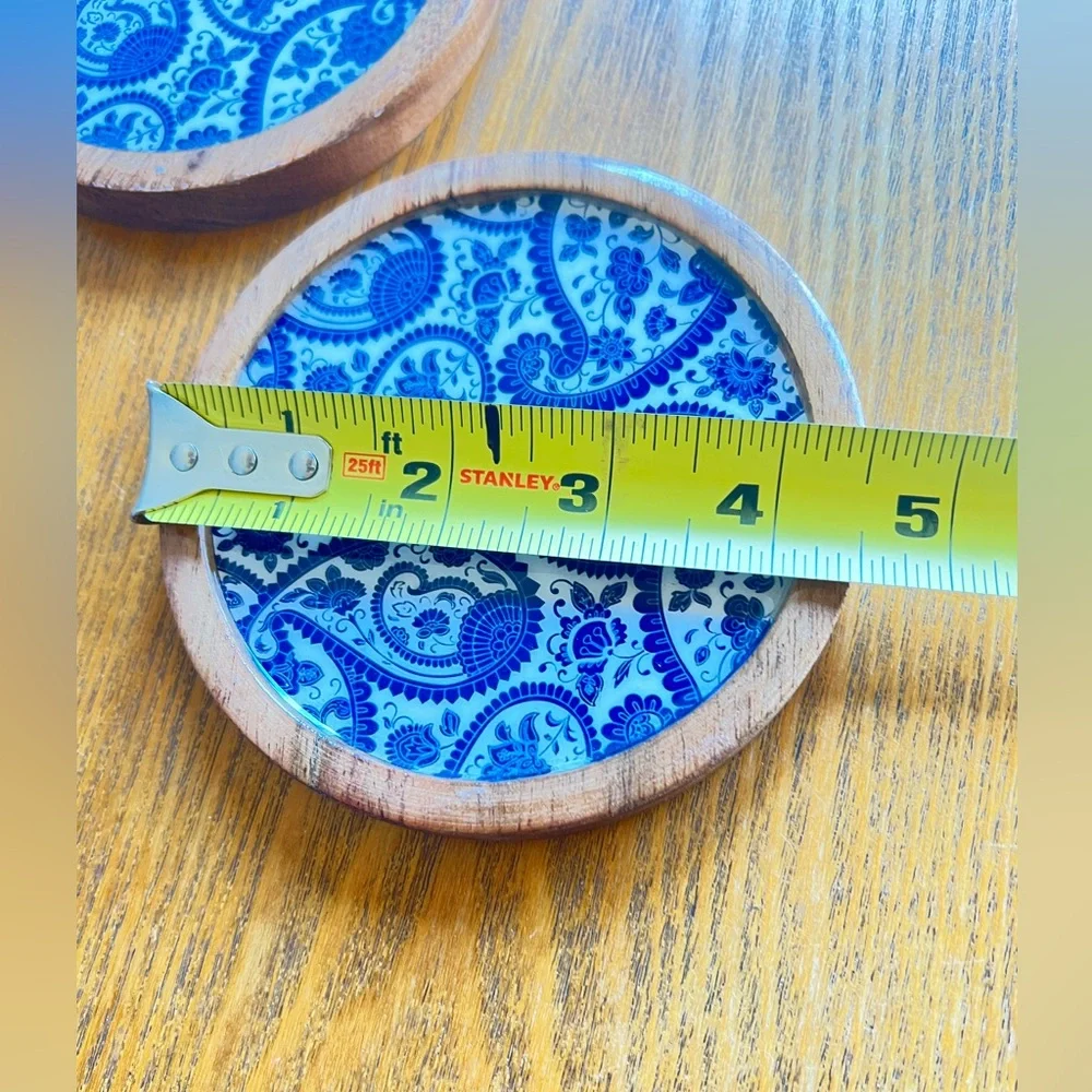 Wood Coasters With blue paisley Vinyl - 2pc